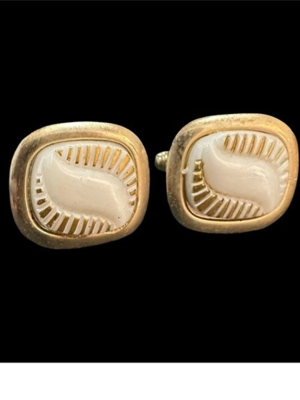 Vintage Cufflinks Gold Tone White Center Wavy Lines Mens Accessories